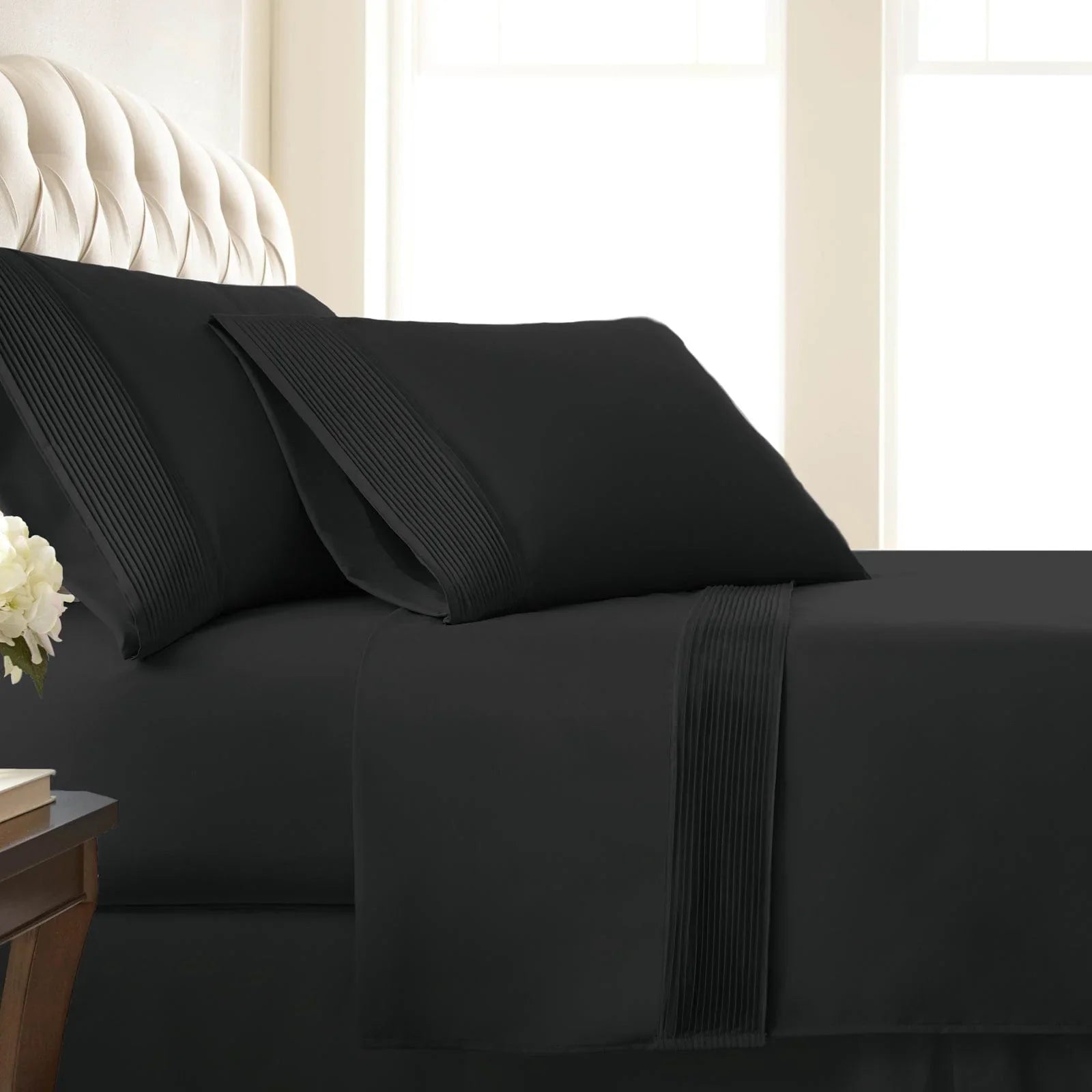 Pintuck Luxe Microfiber 4 Piece Sheet Set, Black