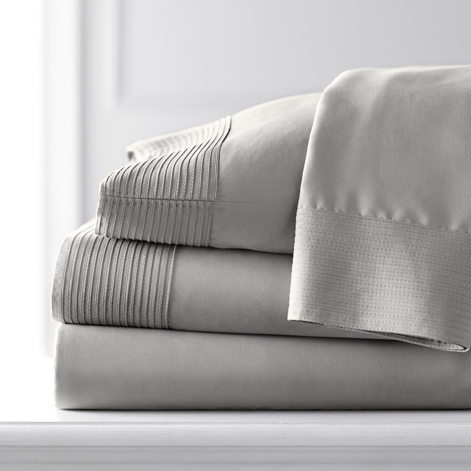 Pintuck Luxe Microfiber 4 Piece Sheet Set, Grey