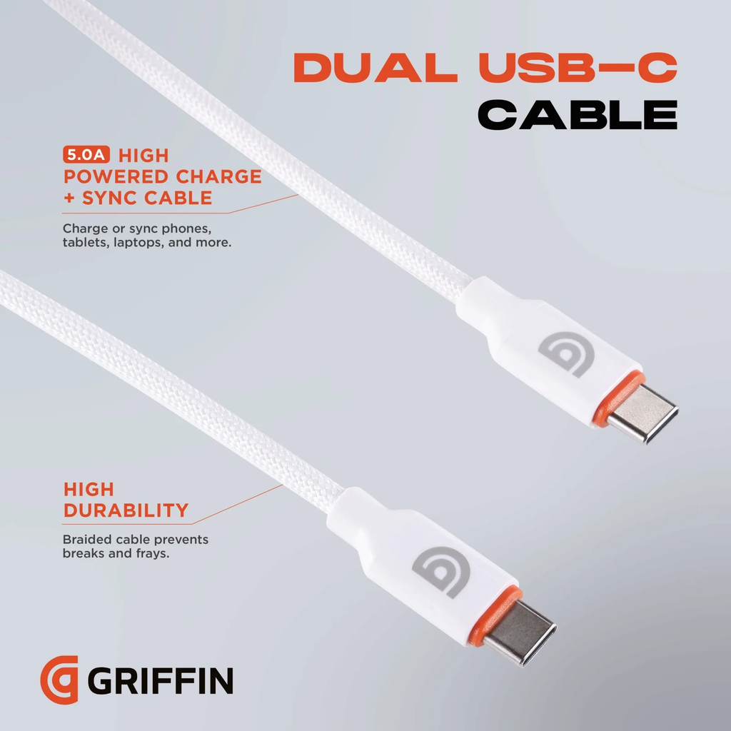 Griffin Ultra Durable 6 Ft USB-C to USB-C Charging Cable, White
