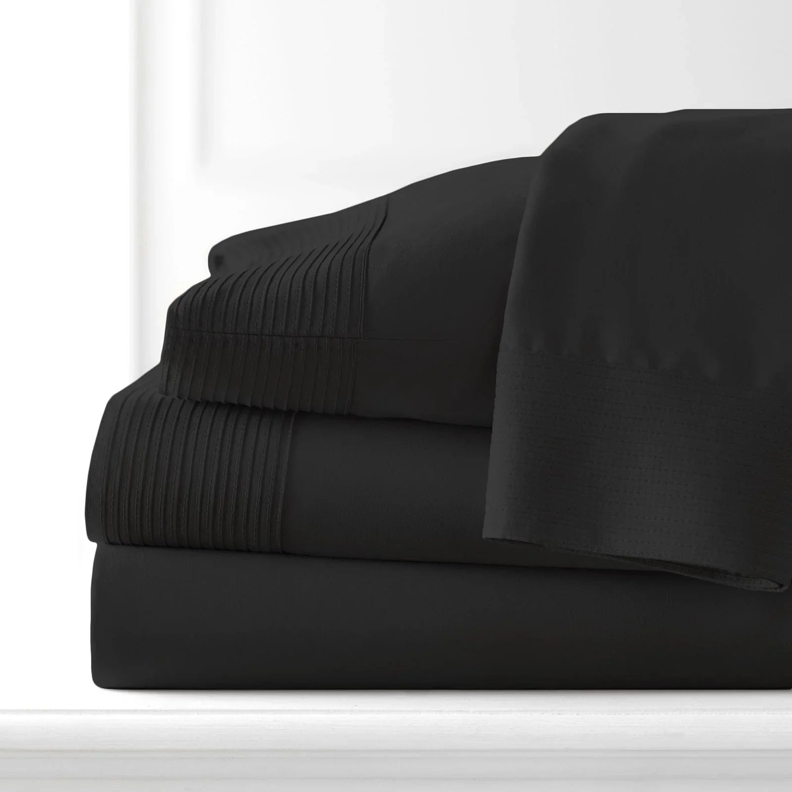 Pintuck Luxe Microfiber 4 Piece Sheet Set, Black