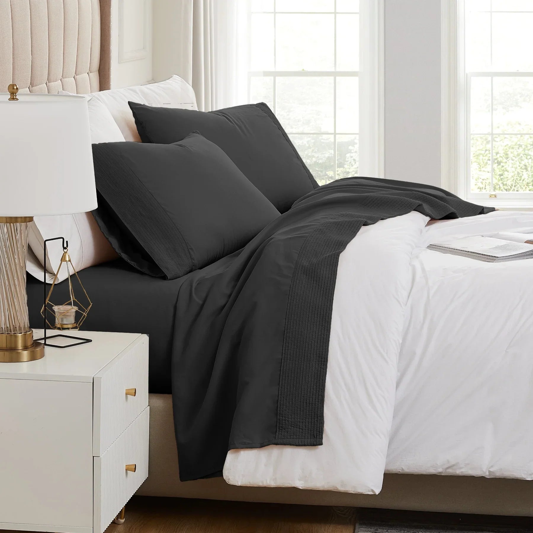 Pintuck Luxe Microfiber 4 Piece Sheet Set, Black