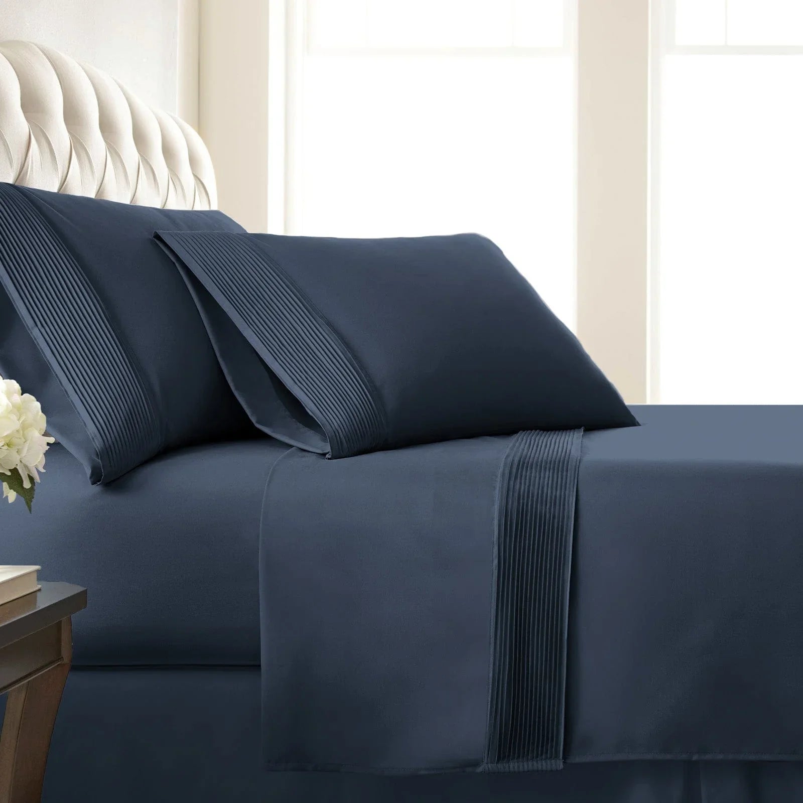 Pintuck Luxe Microfiber 4 Piece Sheet Set, Dark Blue