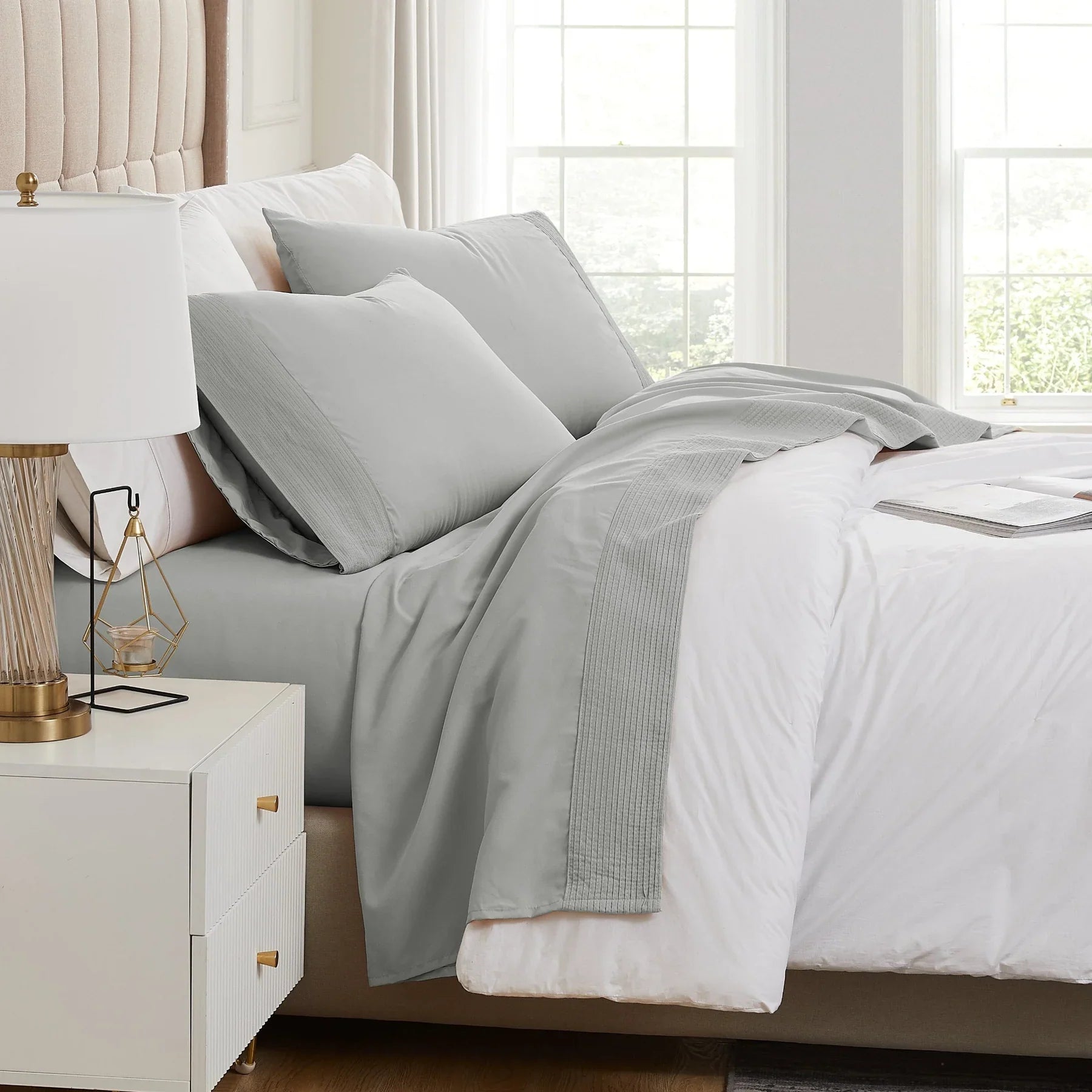 Pintuck Luxe Microfiber 4 Piece Sheet Set, Grey