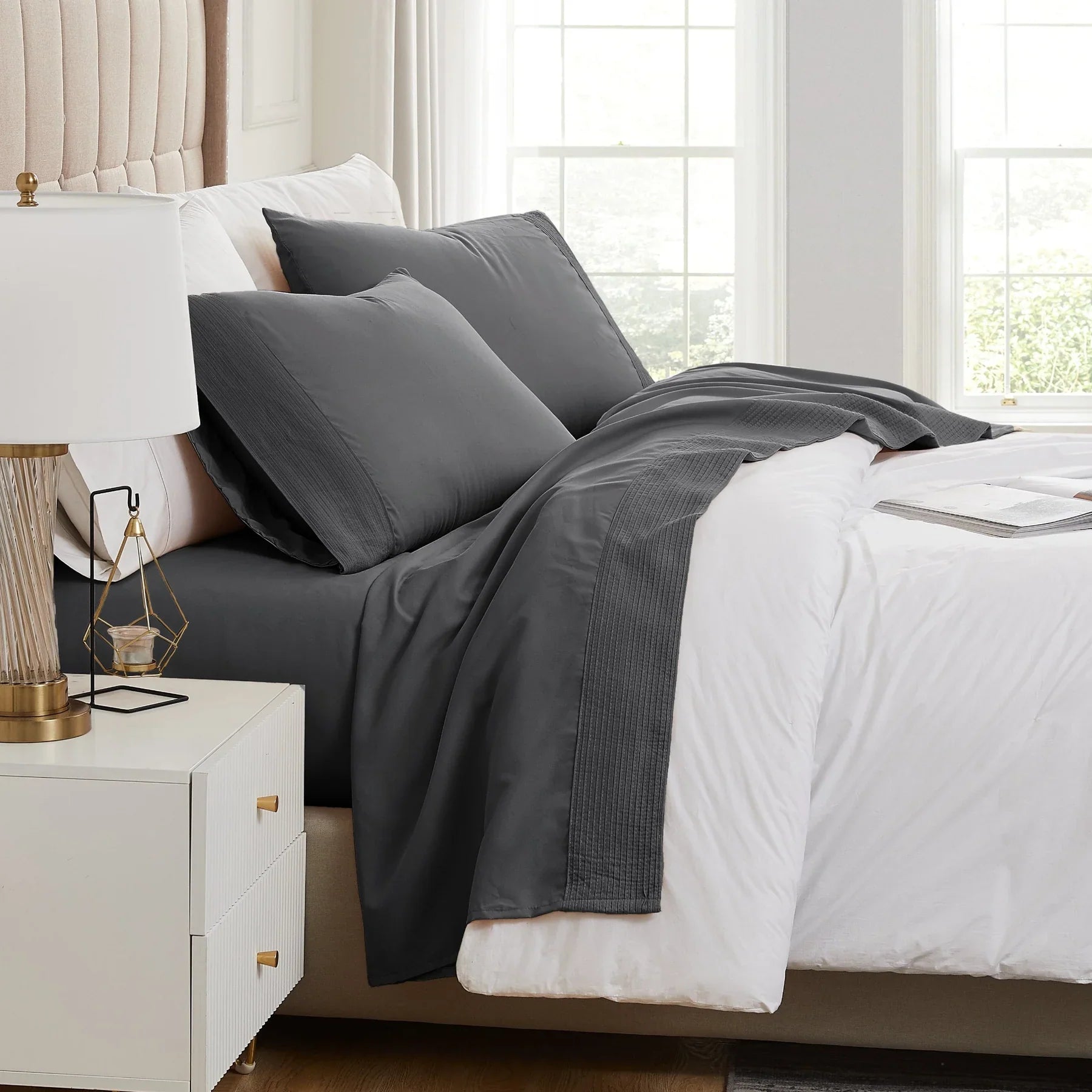 Pintuck Luxe Microfiber 4 Piece Sheet Set, Slate