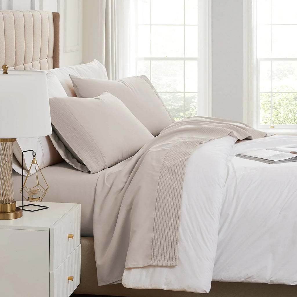 Pintuck Luxe Microfiber 4 Piece Sheet Set, Taupe