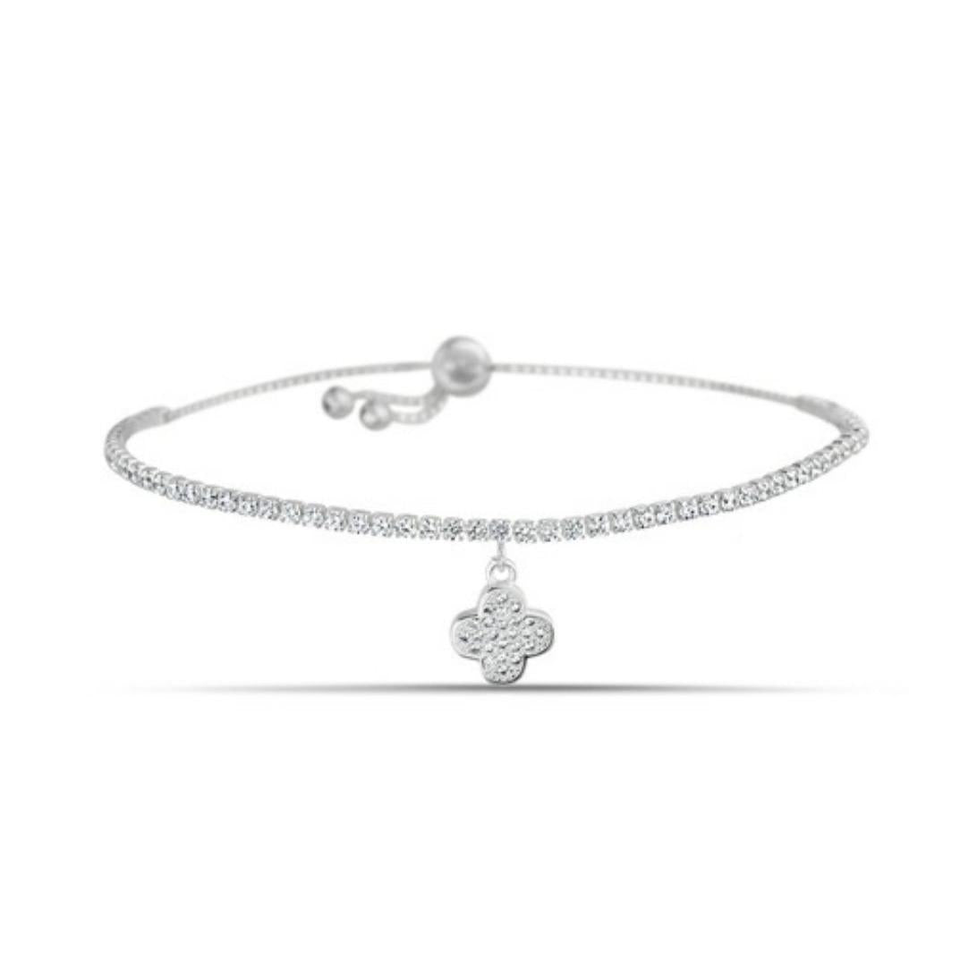 Sterling Silver Clover Charm & CZ Tennis Bracelet