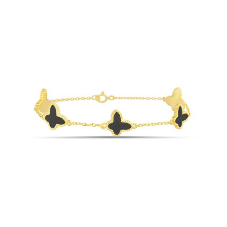 Sterling Silver Onyx Butterfly Charm Bracelet, Gold Plated