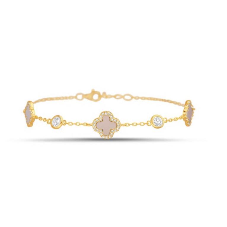Sterling Silver & Pink Quartz Clover Bracelet, Gold Plated
