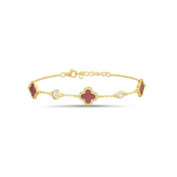 Sterling Silver & Red Coral Clover Bracelet, Gold Plated