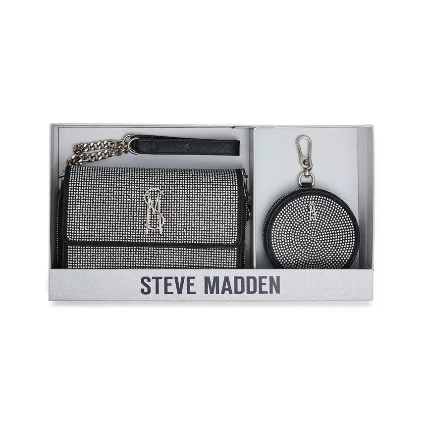 Steve Madden Carina Crossbody Wallet Boxed Gift Set, Black & Silver