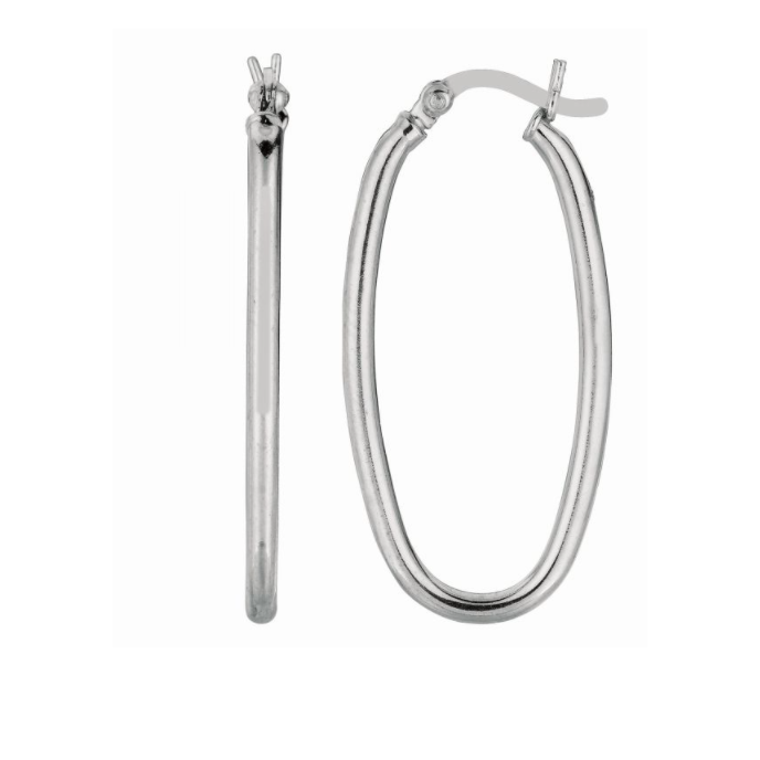 Silver Long Oval Hoop Earrings, 14mm
