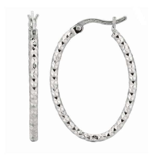 Silver Diamond Cut Oval Hoop Earrings, 20mm